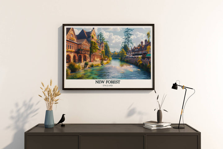 Art print showcasing New Forest National Park with historical elements and native ponies.