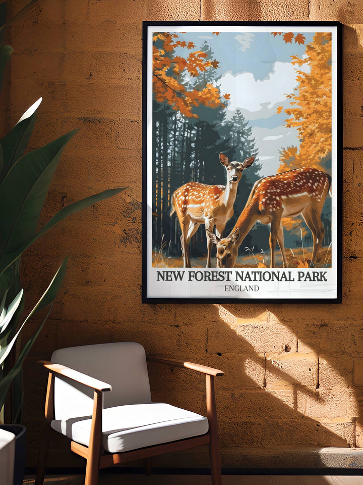 Home decor print capturing the essence of Englands famous New Forest with its iconic ponies and landscapes.