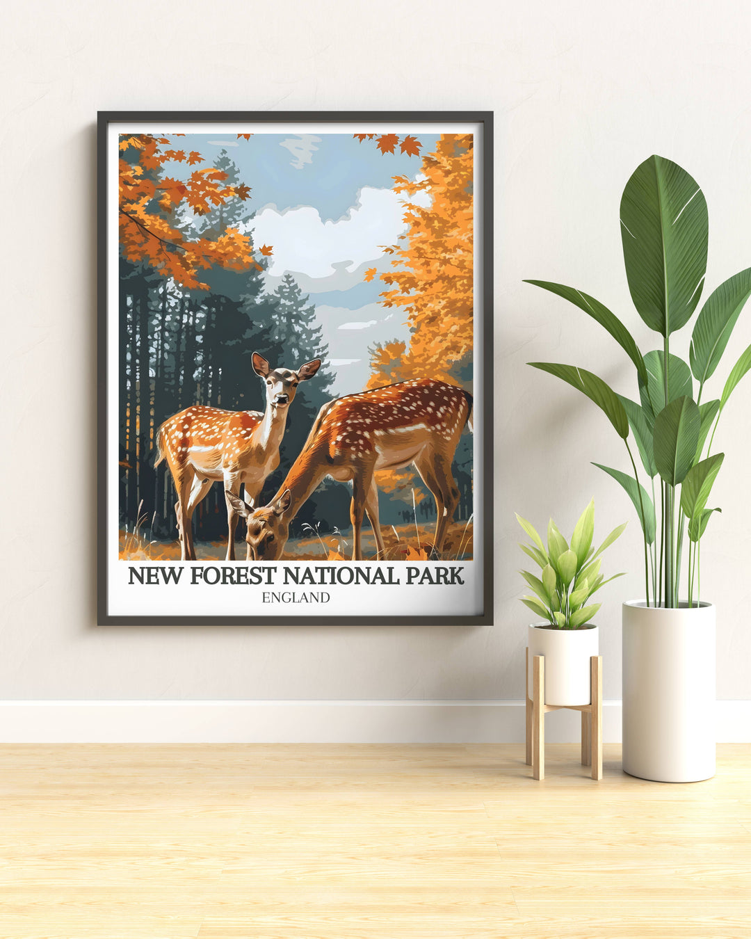 Vintage travel poster of New Forest National Park, ideal for adding a touch of English countryside to any room.