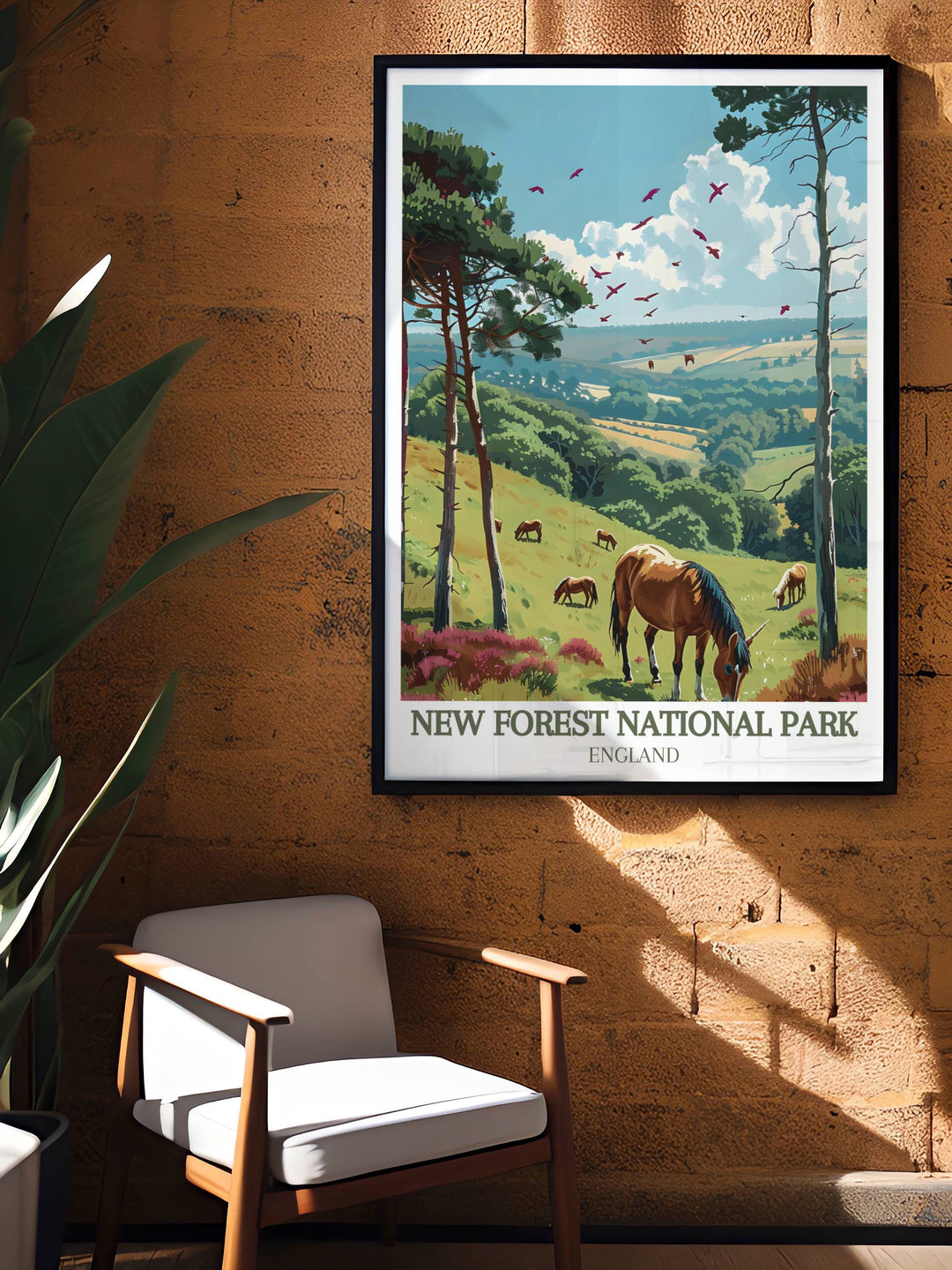 Framed art featuring the iconic New Forest ponies, blending traditional English countryside themes with modern artistic techniques.