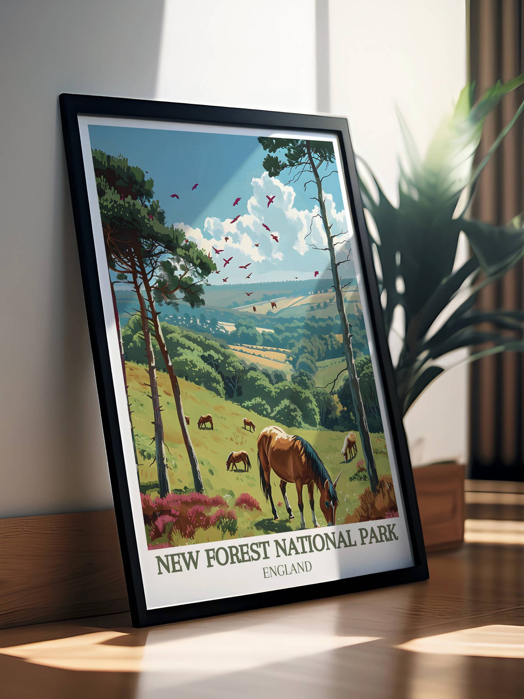 Travel poster with a detailed scene of New Forest ponies, ideal for anyone looking to celebrate UK national parks through art.