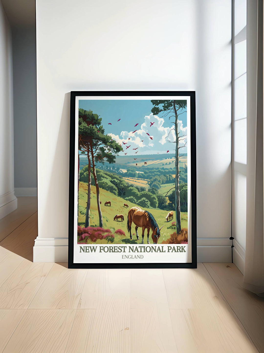 Fine art print featuring New Forest ponies grazing in the lush landscapes of the national park, ideal for enhancing any living space.