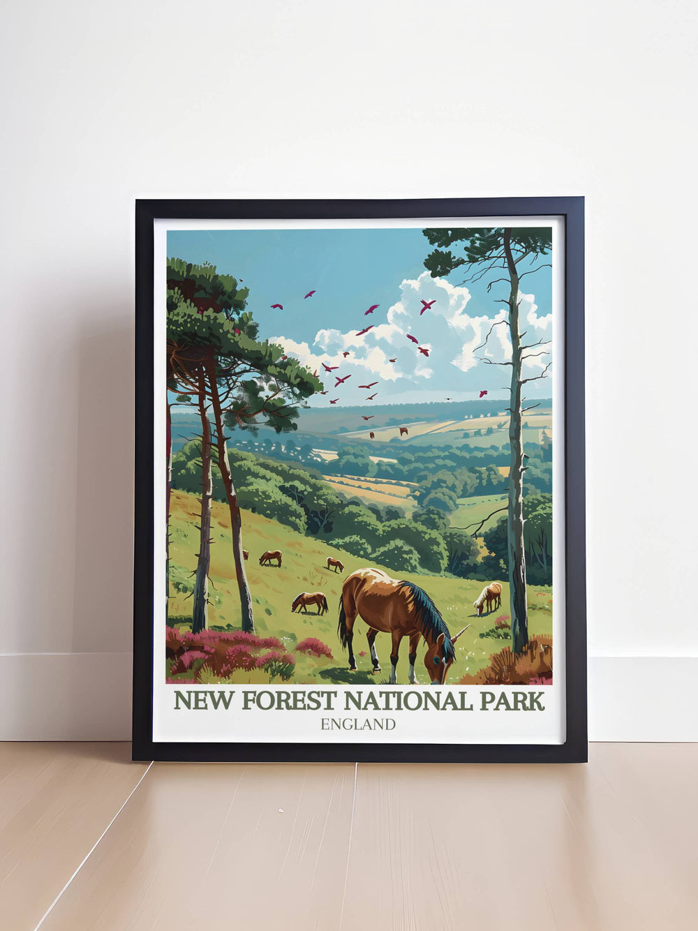 Canvas art depicting the peaceful New Forest ponies amidst the vibrant greenery of their habitat, perfect for nature themed decor.