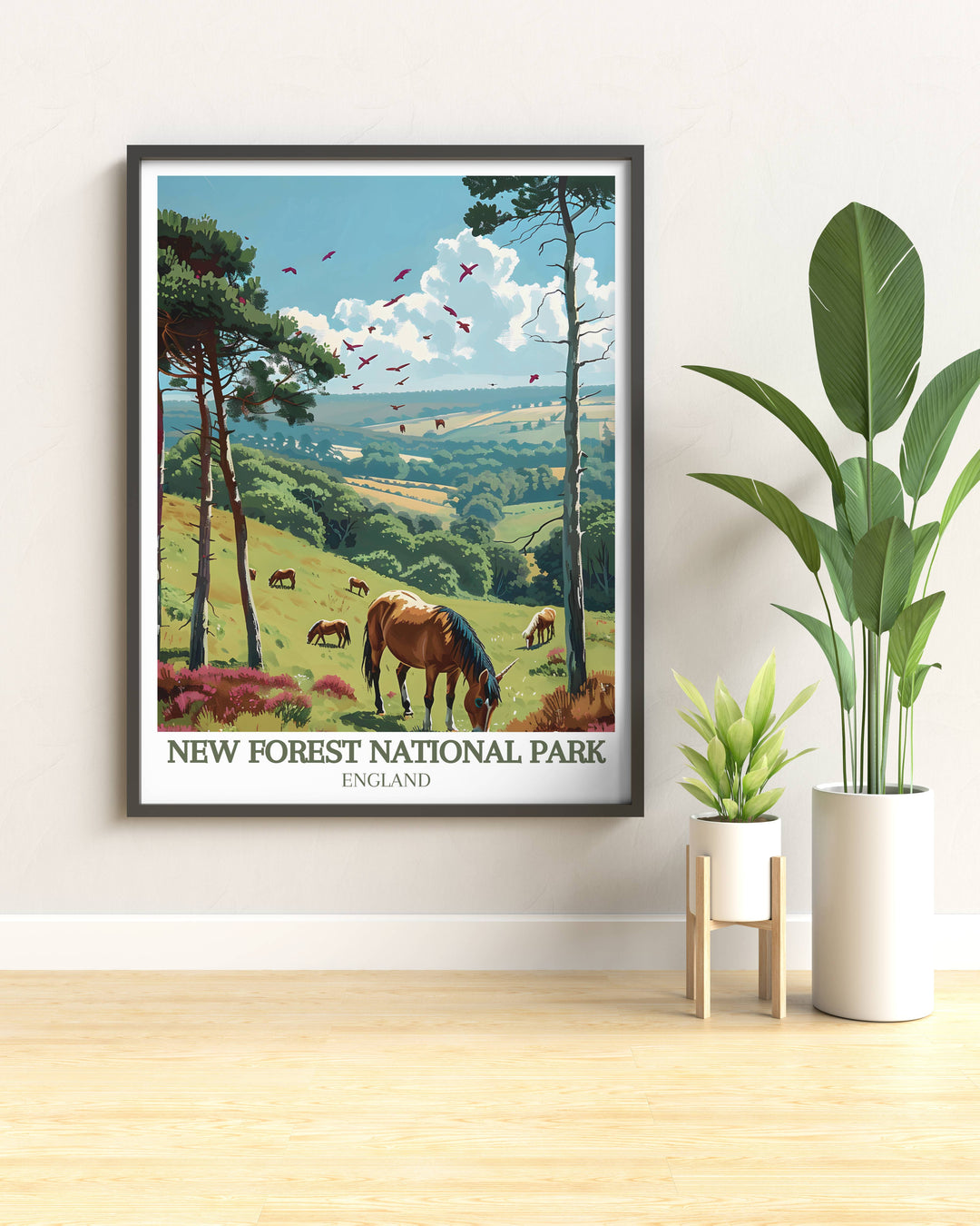 Travel poster of New Forest National Park showcasing ponies and panoramic views, great for adding a touch of adventure to your walls.