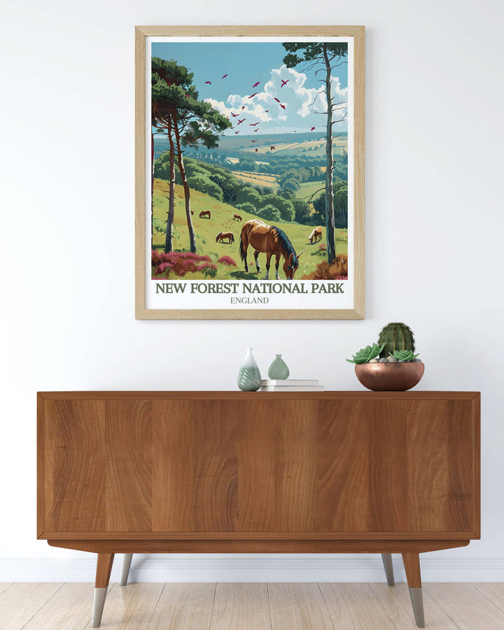 Artistic representation of New Forest ponies in a framed print, capturing the essence of Englands countryside for art enthusiasts.