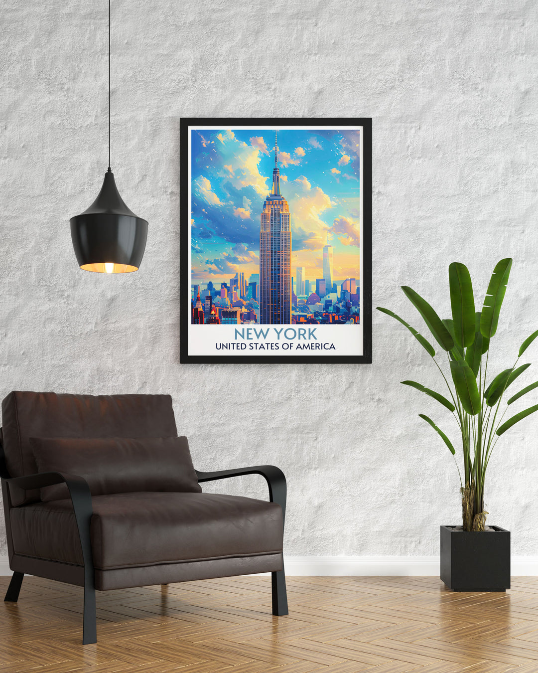 Detailed artwork of the Empire State Building, highlighting its architectural features against the city backdrop.