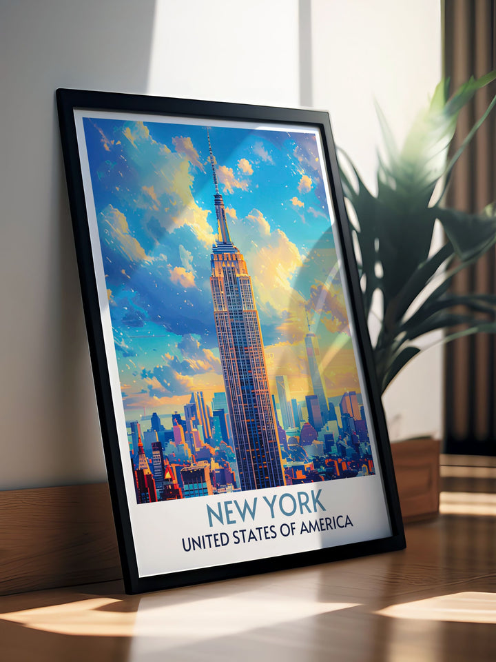 Canvas art of the Empire State Building illuminated at twilight, enhancing any room with its iconic silhouette.