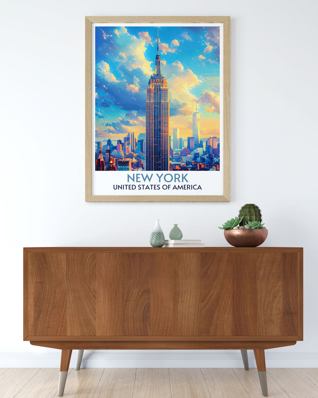 Travel poster of the Empire State Building, a must have for admirers of historic American architecture.