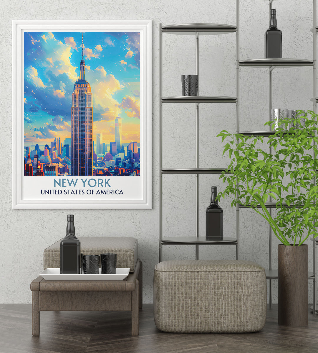 Artistic rendition of the Empire State Building in a modern style, ideal for contemporary art collectors.