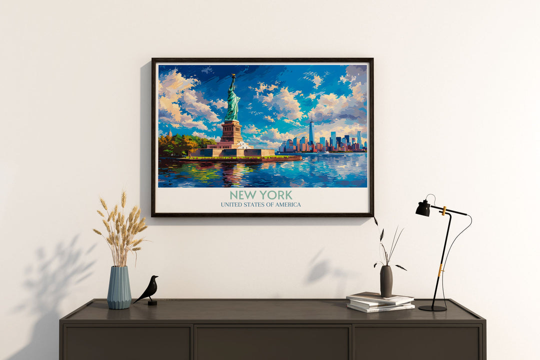Detailed art print of the Statue of Liberty, showcasing its iconic stature against New Yorks skyline.