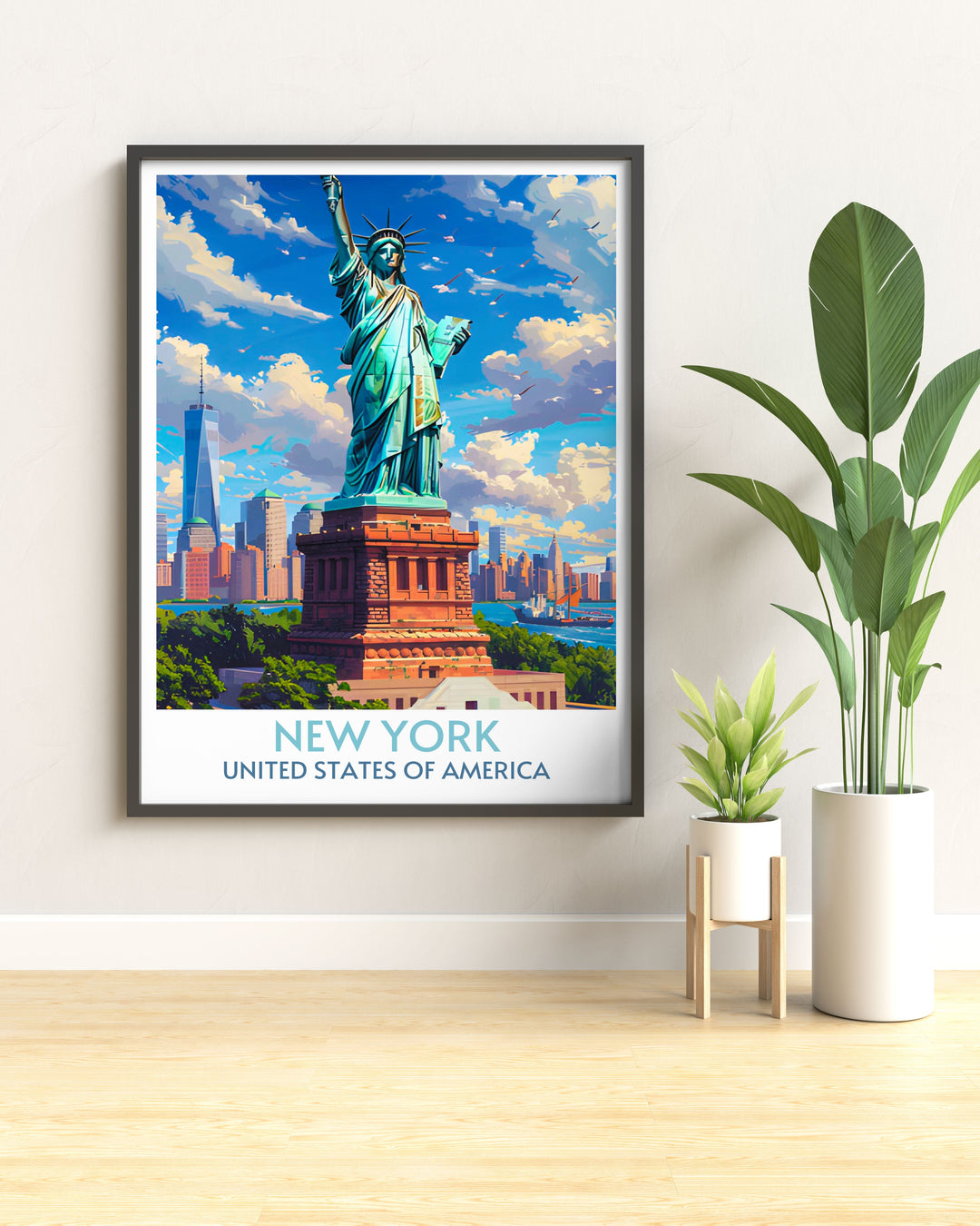 Retro travel print of the Statue of Liberty, a nostalgic take on New Yorks famous landmark.