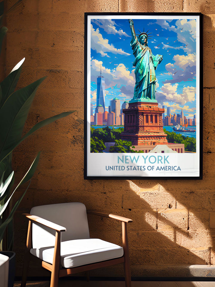 Custom print of the Statue of Liberty at sunset, offering a picturesque view ideal for any room.