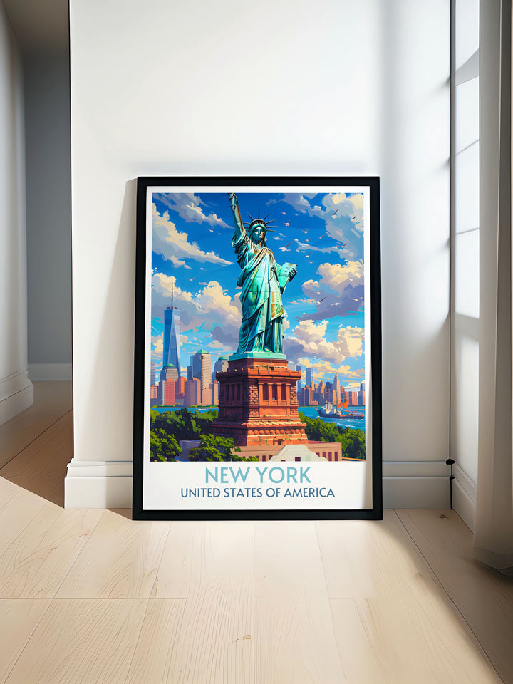 Art print of the Statue of Liberty standing tall against New York Citys skyline.
