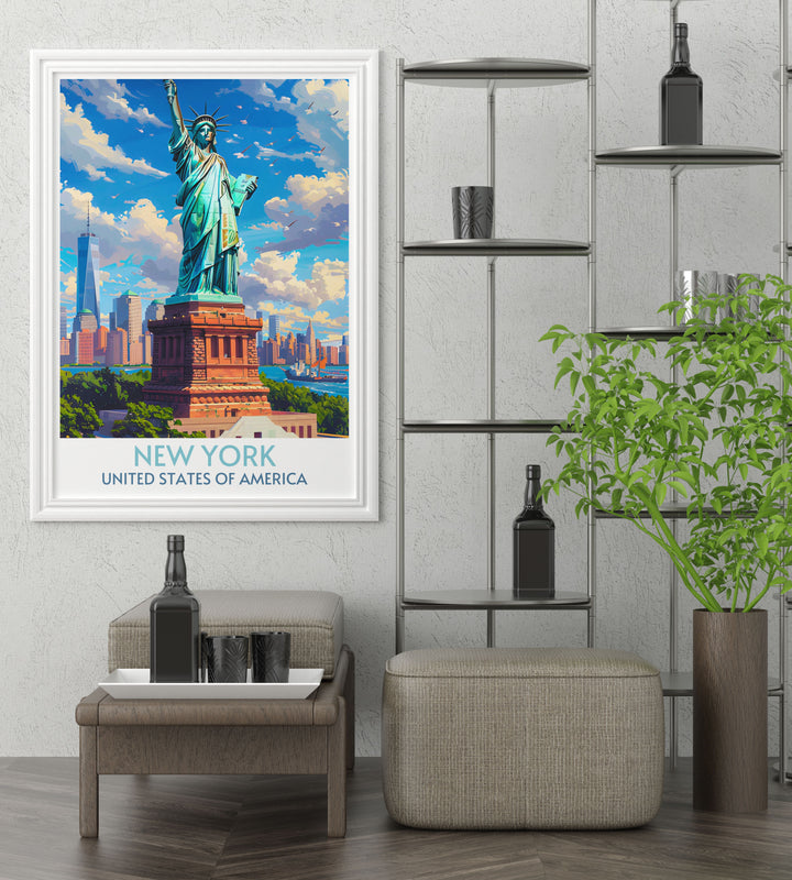 Statue of Liberty travel poster, showcasing the iconic symbol of freedom in vibrant colors.