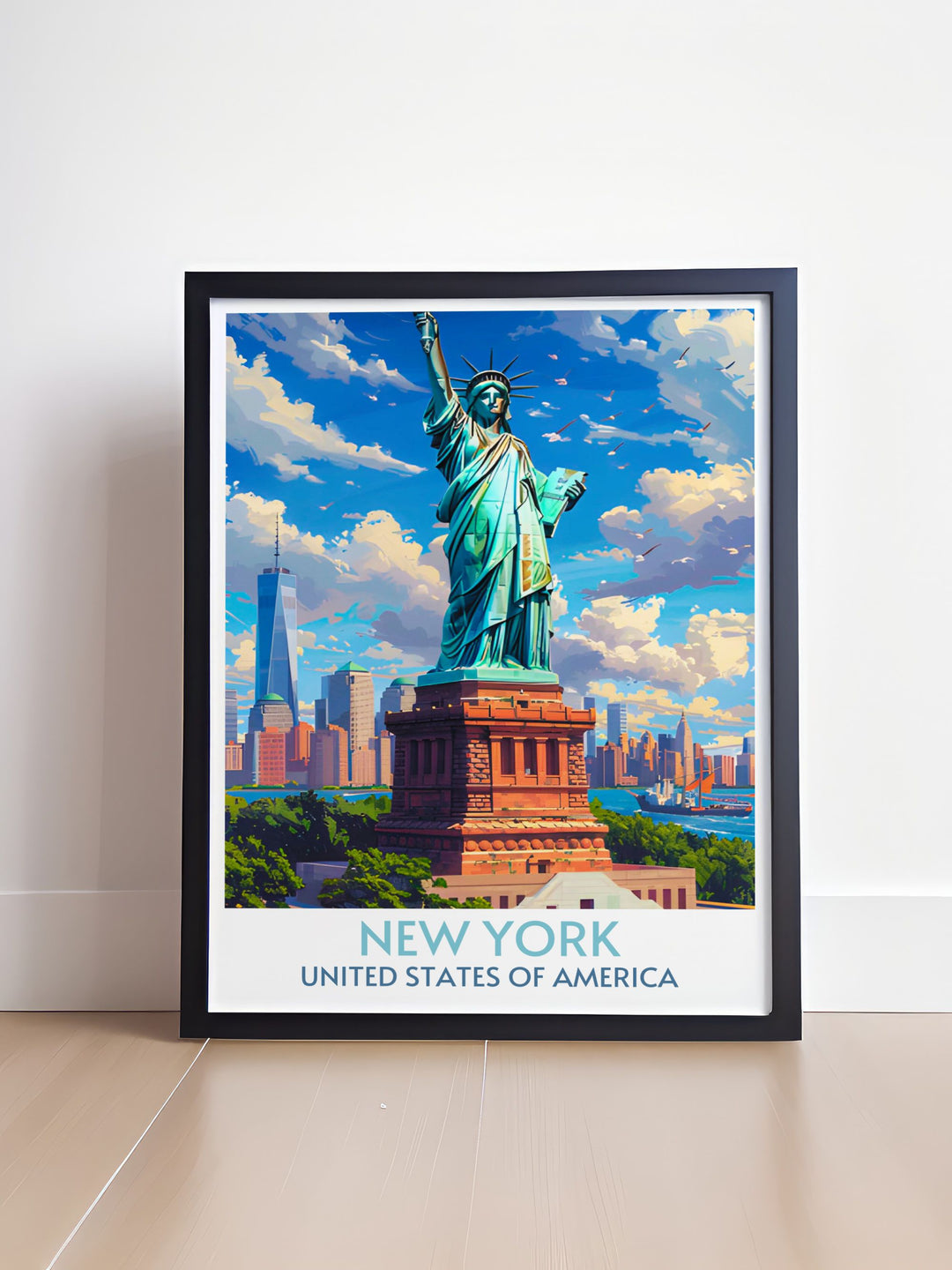 Customizable framed art of the Statue of Liberty, perfect for personalizing home decor.