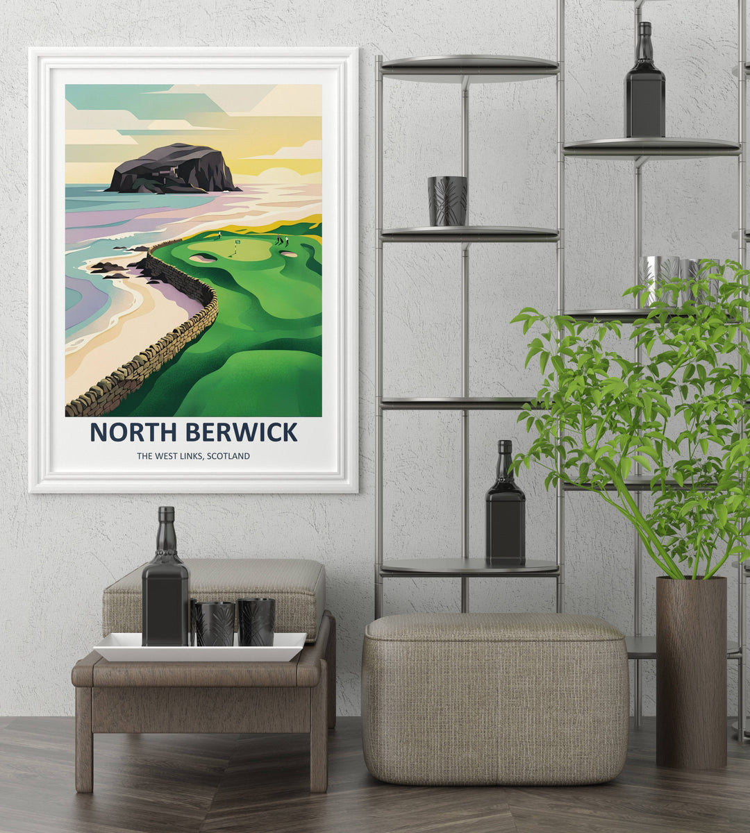 Minimalist sports room poster displaying a clean geometric perspective of North Berwick Scotland, utilizing deep mineral tones, velvet textures, and an elegant luxury editorial typography.