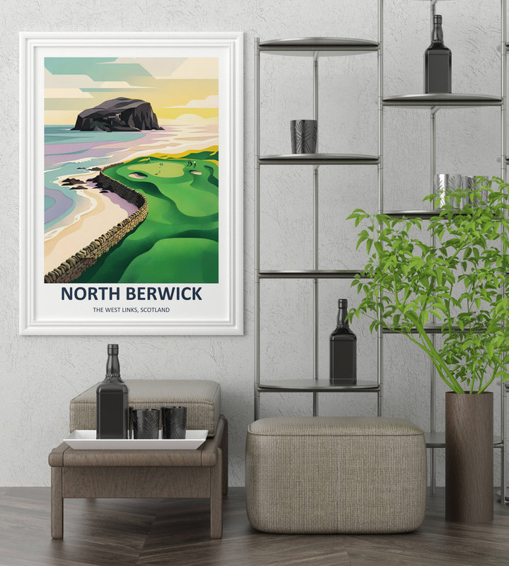 Minimalist sports room poster displaying a clean geometric perspective of North Berwick Scotland, utilizing deep mineral tones, velvet textures, and an elegant luxury editorial typography.