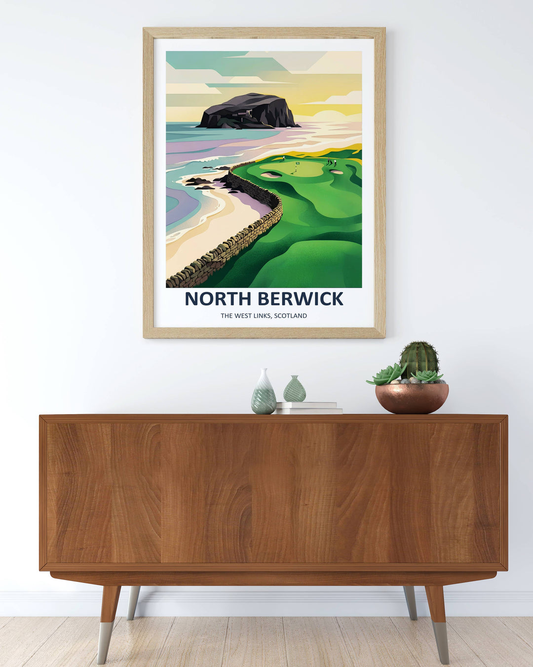Contemporary sports wall print showcasing a high-contrast graphic landscape of a famous Scotland links course, complete with clean white borders and minimalist black text at the base.
