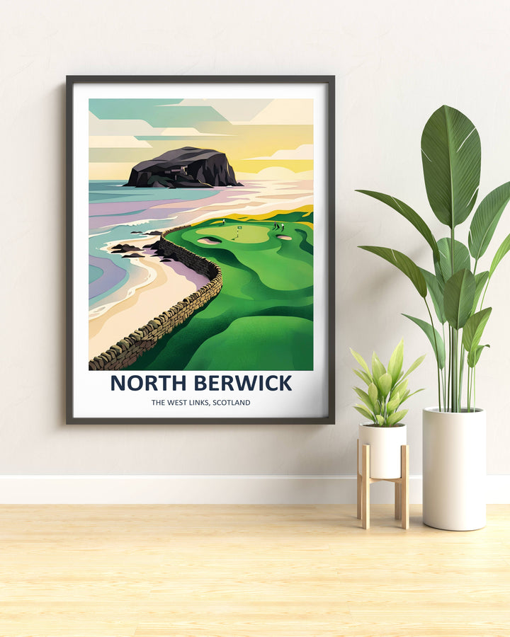 High-quality vector art print of a famous international golf hole landscape, showcasing subtle paper-grain textures, rich natural green tones, and a peaceful ocean view under soft light.