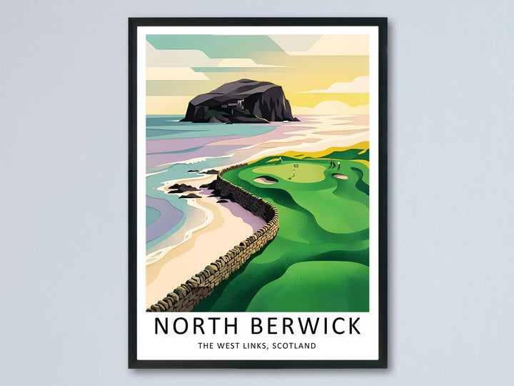A unique neo-vintage print of North Berwick West Links capturing the signature stone wall dividing the beach from the green, with the massive silhouette of Bass Rock set against a sunset sky.