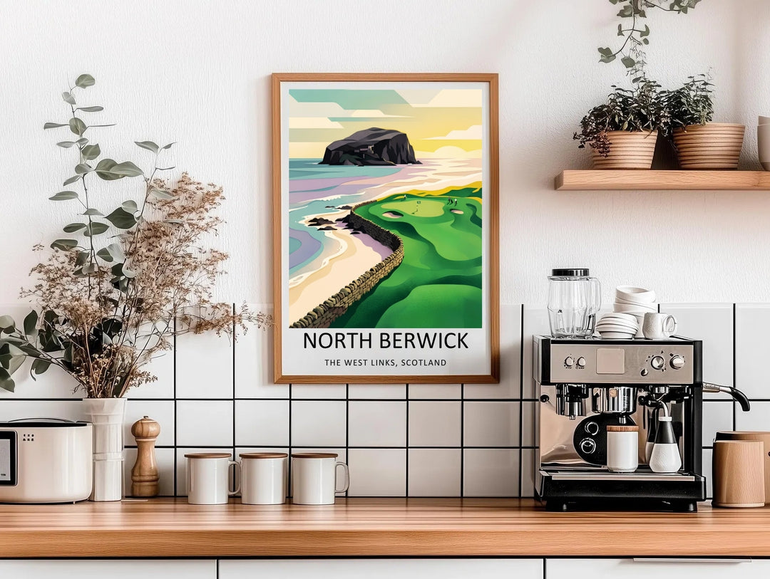 Refined corporate office wall decor illustrating the coastal fairways of North Berwick, rendered in a trend-forward Scandinavian style with a soft, glare-free archival presentation finish.