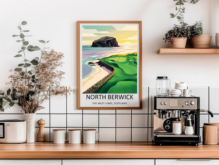 Refined corporate office wall decor illustrating the coastal fairways of North Berwick, rendered in a trend-forward Scandinavian style with a soft, glare-free archival presentation finish.