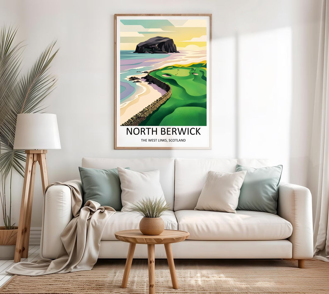 Graphic illustration of a historic Scottish golf venue, emphasizing abstract seaside wave layers, emerald green turf gradients, and a classic stone wall under a warm golden hour sun glow.