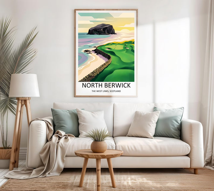 Graphic illustration of a historic Scottish golf venue, emphasizing abstract seaside wave layers, emerald green turf gradients, and a classic stone wall under a warm golden hour sun glow.