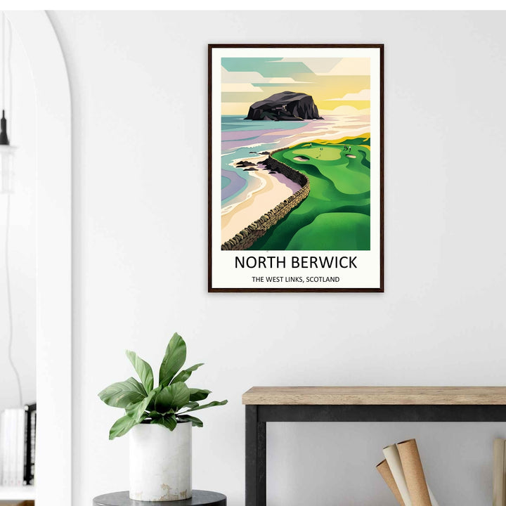 Unique golf enthusiast gift showcasing a modern landscape art print of West Links, emphasizing the raw geology of Bass Rock and a beautifully balanced mid-century inspired color scheme.
