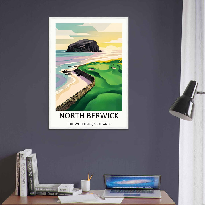 Elegant golf art print for modern home decor displaying a stylized travel poster layout of North Berwick, focusing on clean line transitions, a sharp white bunker, and rich evening lighting.