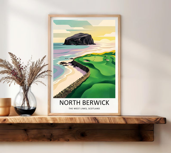 Premium matte paper golf course art print featuring a curved green fairway bounded by a traditional low stone wall, sandy shorelines, and calm coastal waters during a clear autumn evening.