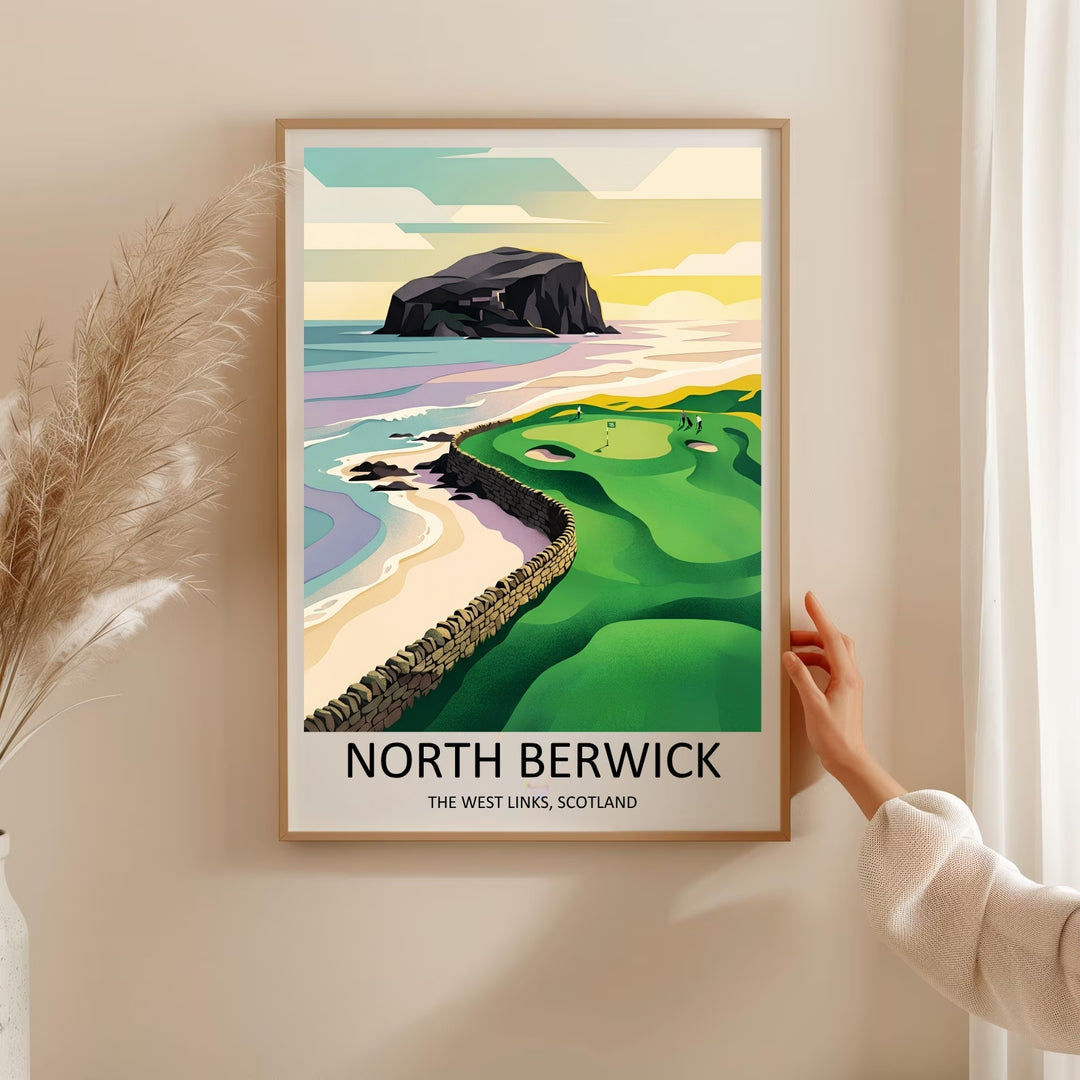 Sophisticated digital illustration of a Scottish golf course layout featuring minimalist rolling green fairways, a soft sandy shore, and geometric clouds over a lavender sea at twilight.