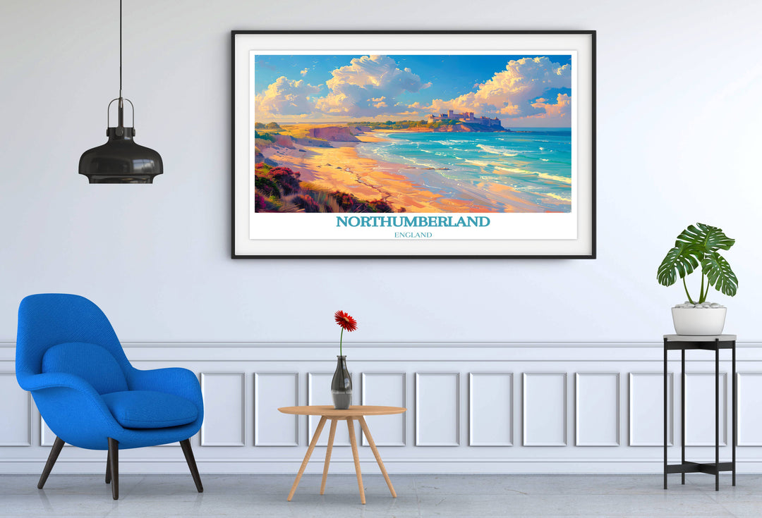 Bamburgh Castle in winter, an art print capturing the quiet solitude of the castle amid snow covered landscapes.