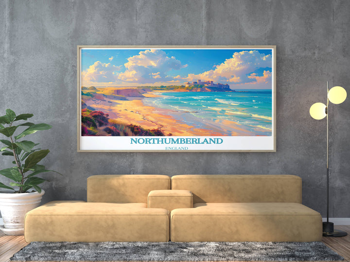 Detailed art print of Bamburgh Castle, a must have for enthusiasts of Englands national parks and historic sites.