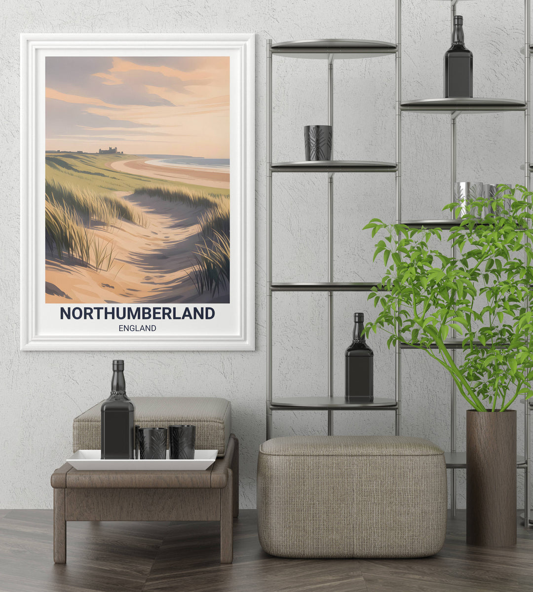 A canvas wall art mockup of the Bamburgh Castle illustration displayed above a modern credenza in a bright living room setting.