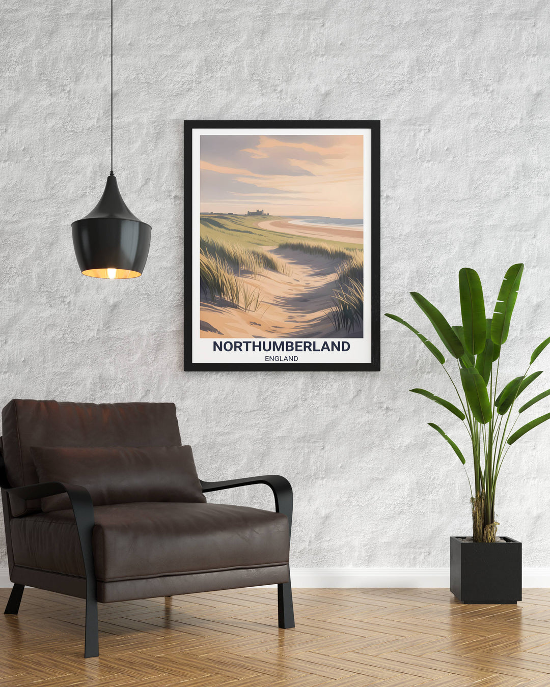 An architectural landscape wall art piece of the English coast, presented in a light oak wood frame for a sophisticated decor vibe.