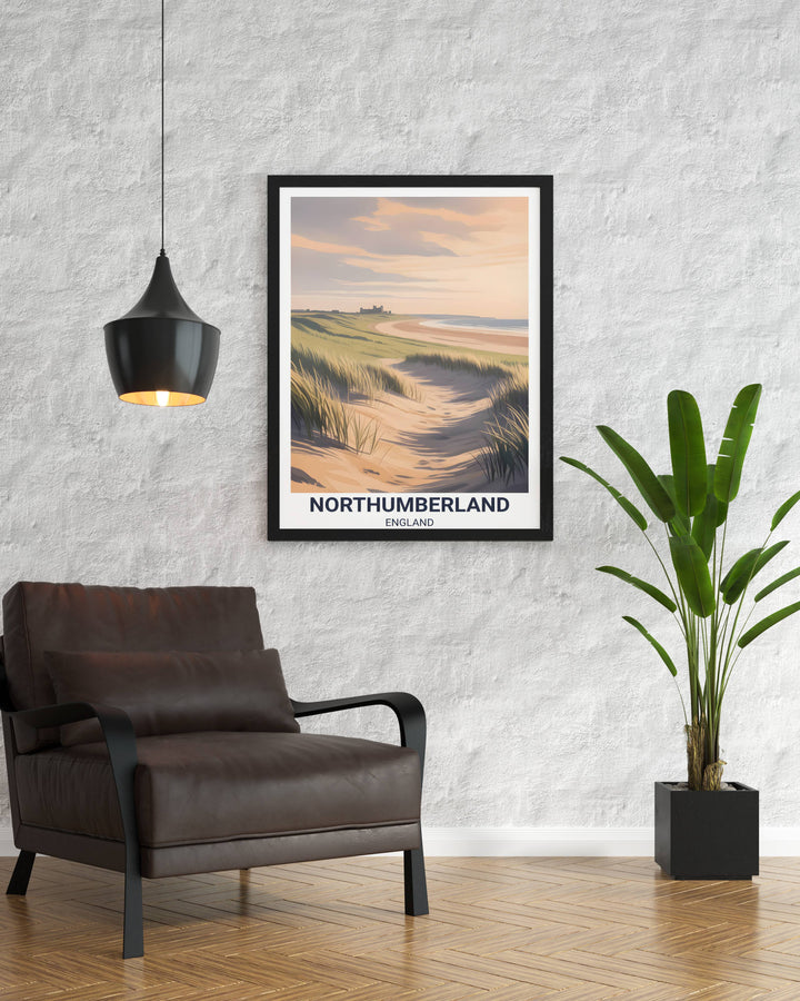 An architectural landscape wall art piece of the English coast, presented in a light oak wood frame for a sophisticated decor vibe.