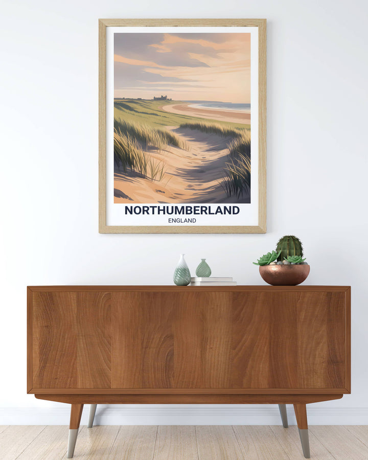 A premium matte paper print of Bamburgh Castle, highlighting the cinematic lighting and "modern-vintage" graphic style of MapYourDreams.