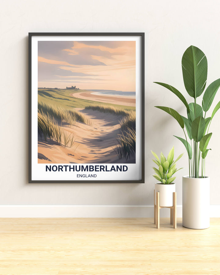 A framed travel art poster in a home office, illustrating the rugged beauty of the North of England with bold, saturated colors.