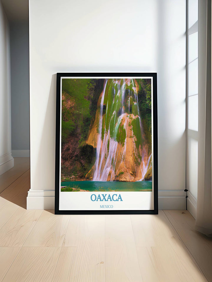 Hierve el Agua framed print capturing the unique petrified waterfalls surrounded by lush greenery in Oaxaca, perfect for enriching home decor.
