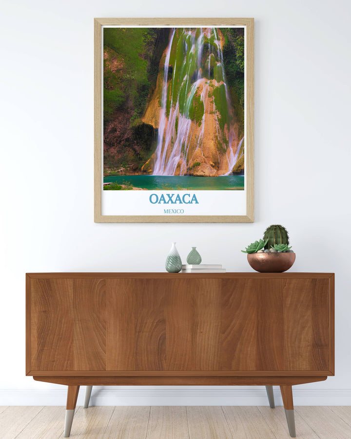 Custom print of Hierve el Agua in Oaxaca, illustrating the tranquil water pools against a backdrop of verdant cliffs.