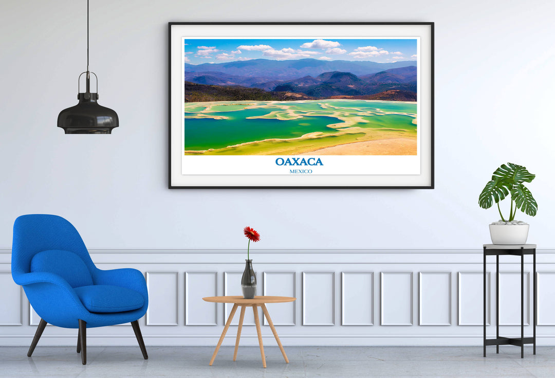 Travel poster print of Hierve el Agua, capturing the tranquil yet vibrant atmosphere of this Oaxacan wonder.