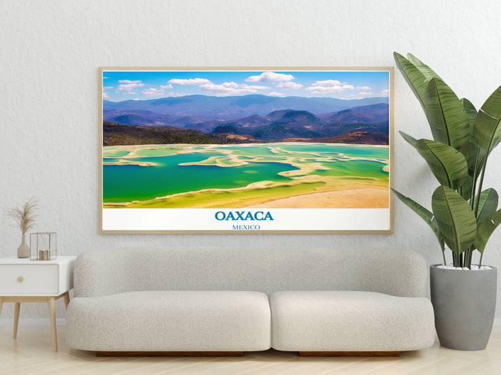 Wall art highlighting the cultural and natural beauty of Hierve el Agua, a perfect addition to any travel enthusiasts collection.