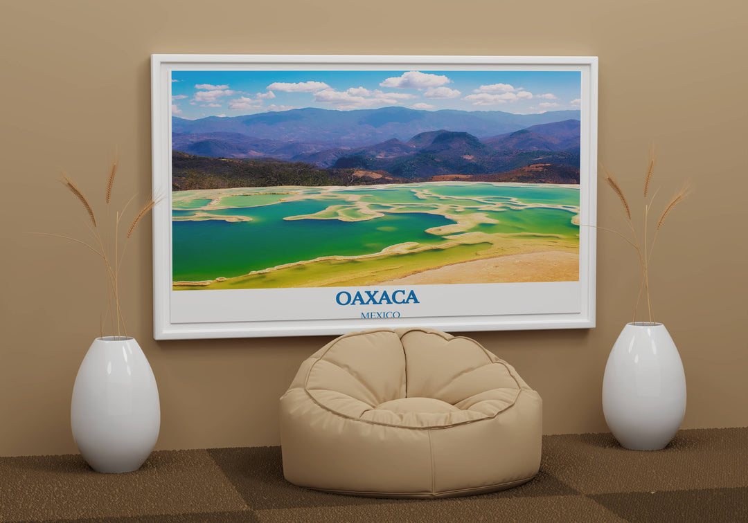 Oaxaca wall decor depicting the unique landscape of Hierve el Agua, perfect for enhancing any room with a touch of nature.