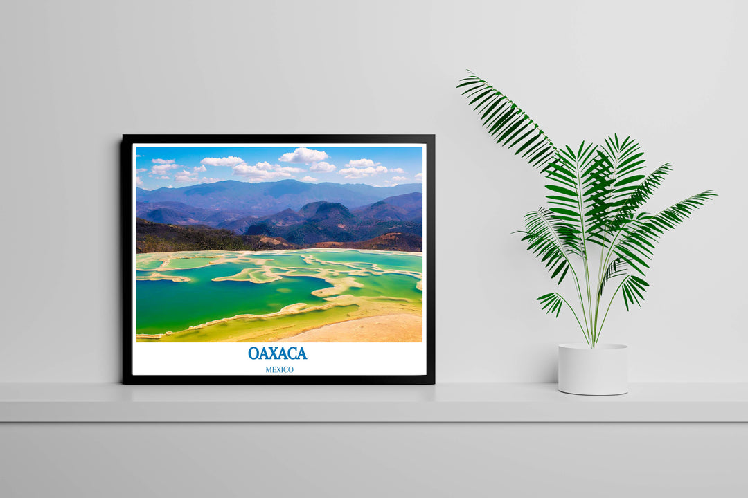 Mexico prints of Hierve el Agua offering a detailed view of the crystalline water terraces against a backdrop of rugged cliffs.