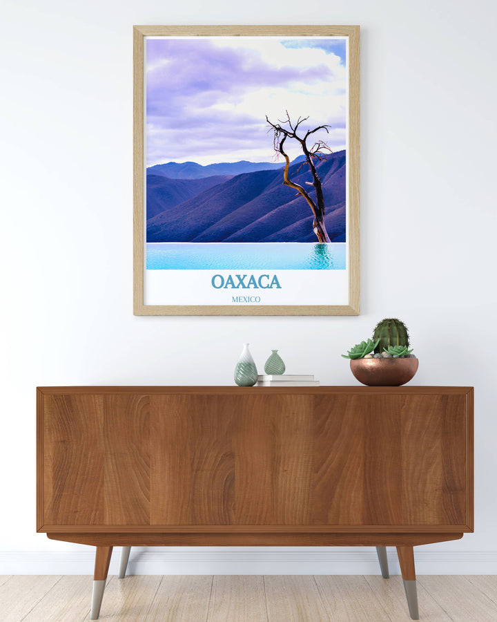 Oaxaca travel poster capturing the essence of Hierve el Aguas serene beauty, ideal for collectors and travel enthusiasts.