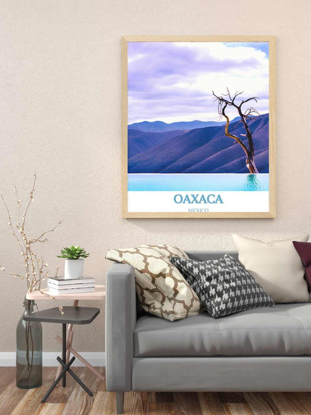 Decorative print of Hierve el Agua, Oaxaca, highlighting the tranquil mineral pools and lush surroundings.
