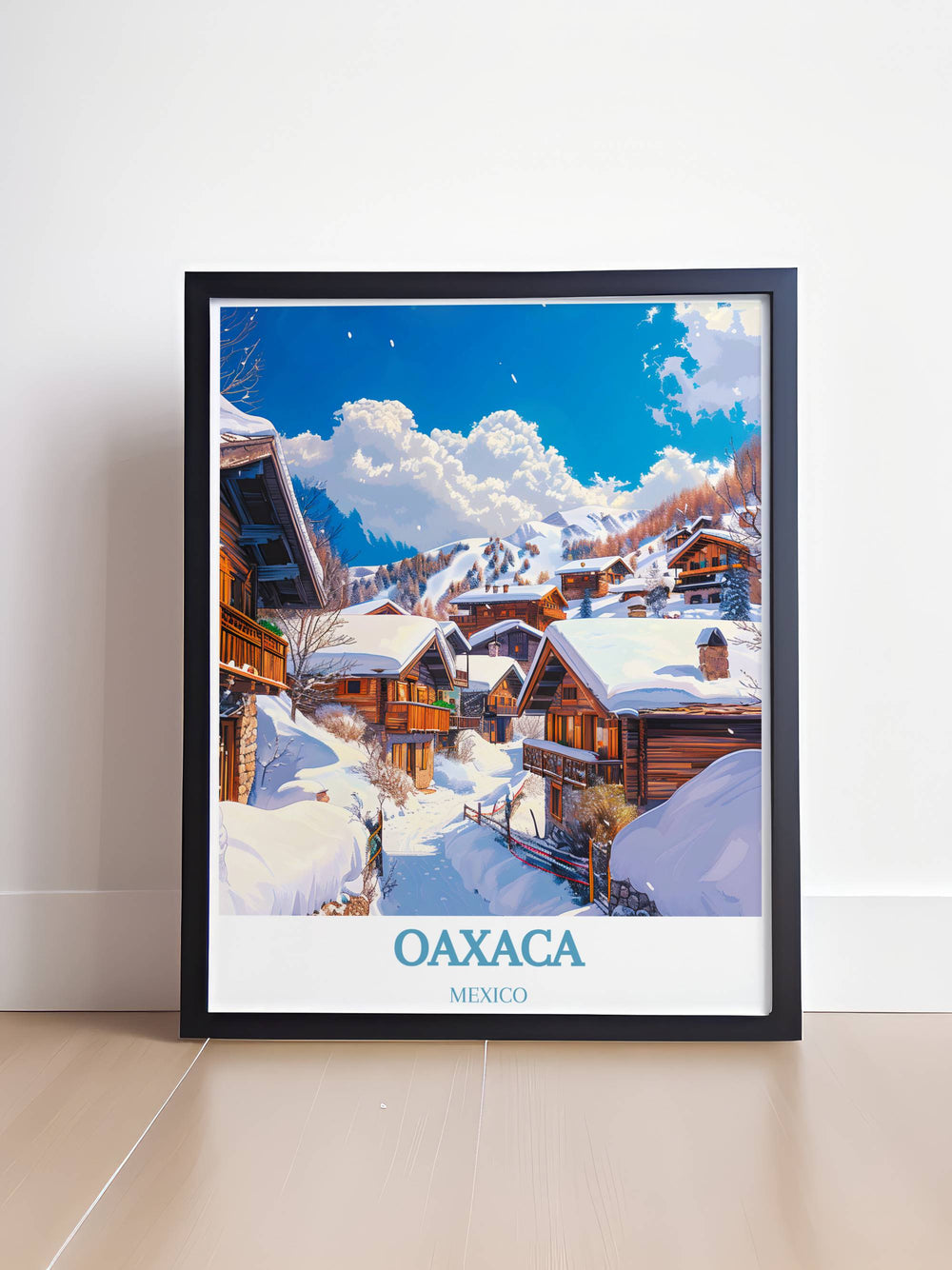 Val dIsere Village Framed Art showcasing serene snow covered landscapes, ideal for adding a touch of alpine elegance to any room.