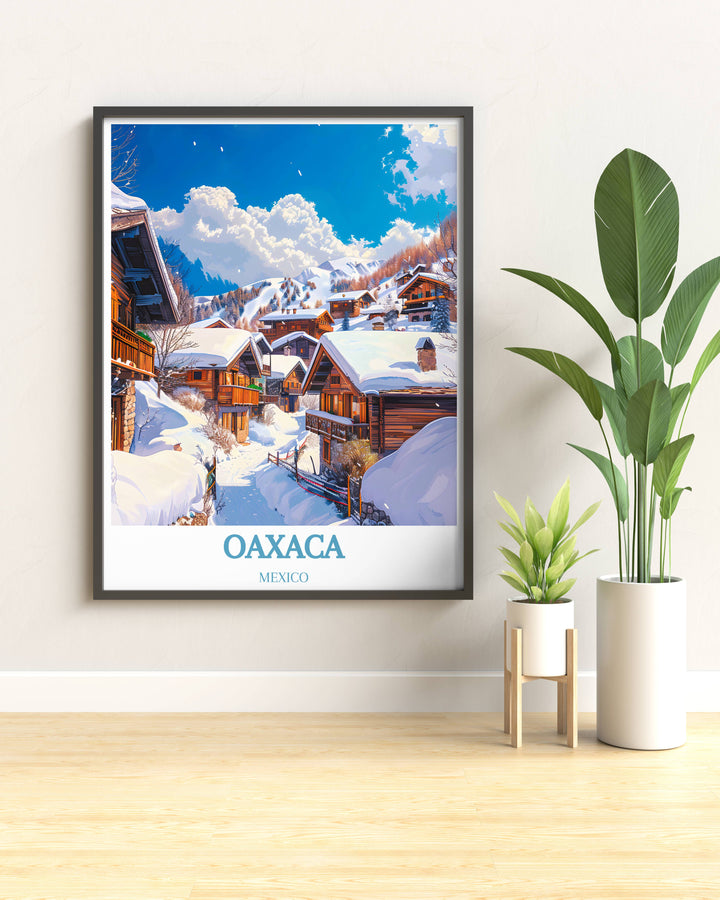 Vintage Poster of Oaxaca featuring traditional Mexican architecture and vibrant festivals, great for collectors of retro travel art.