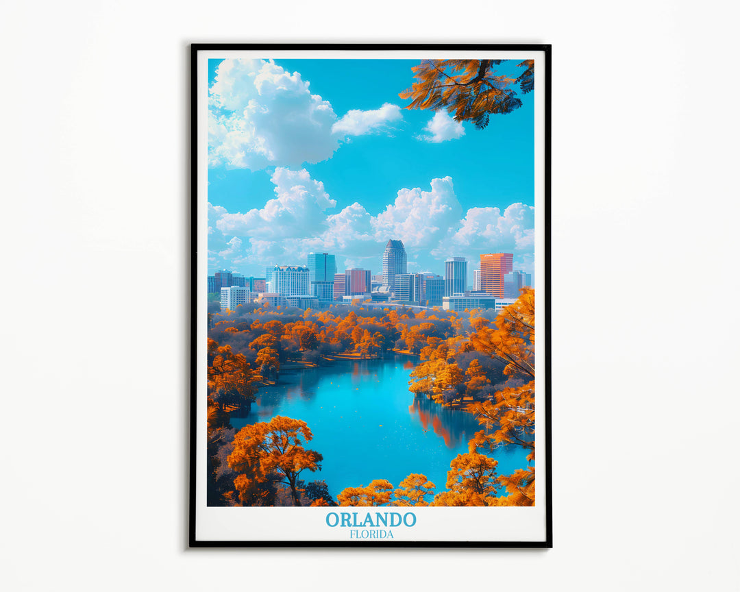 Discover the allure of Orlando with our captivating City Art Print—a delightful housewarming gift that perfectly complements any home decor, showcasing the splendor of Lake Eola Park and the vibrant essence of Florida's city life.
